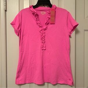 Lilly Pulitzer Frida Ruffle Collar Polo Shirt Prosecco Pink Size Large NWT